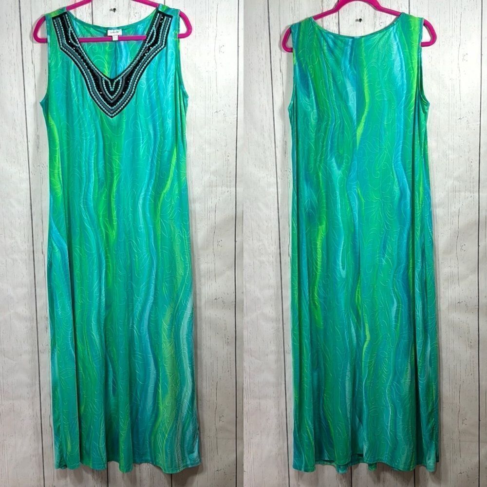 Avenue Aqua Green Beaded Maxi Dress Plus Size 14/16 Resort Wear Vacation Evening